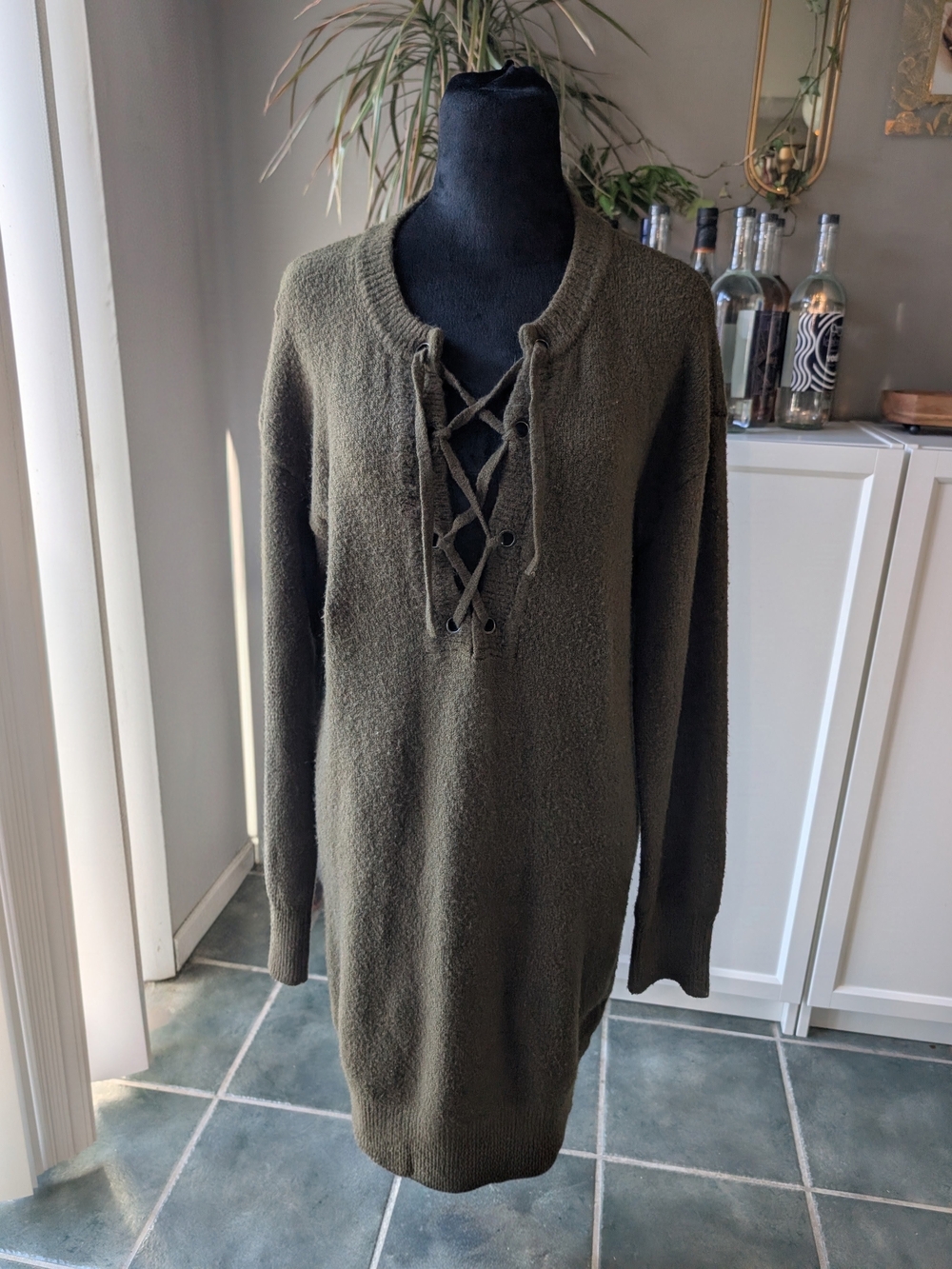 Forever 21 Olive Green Lace-Up V-Neck Sweater